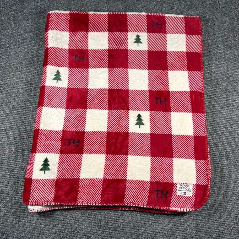 Tommy Hilfiger Throw Blanket OS Red Excellent Plaid Sherpa Christmas Tree Fleece
